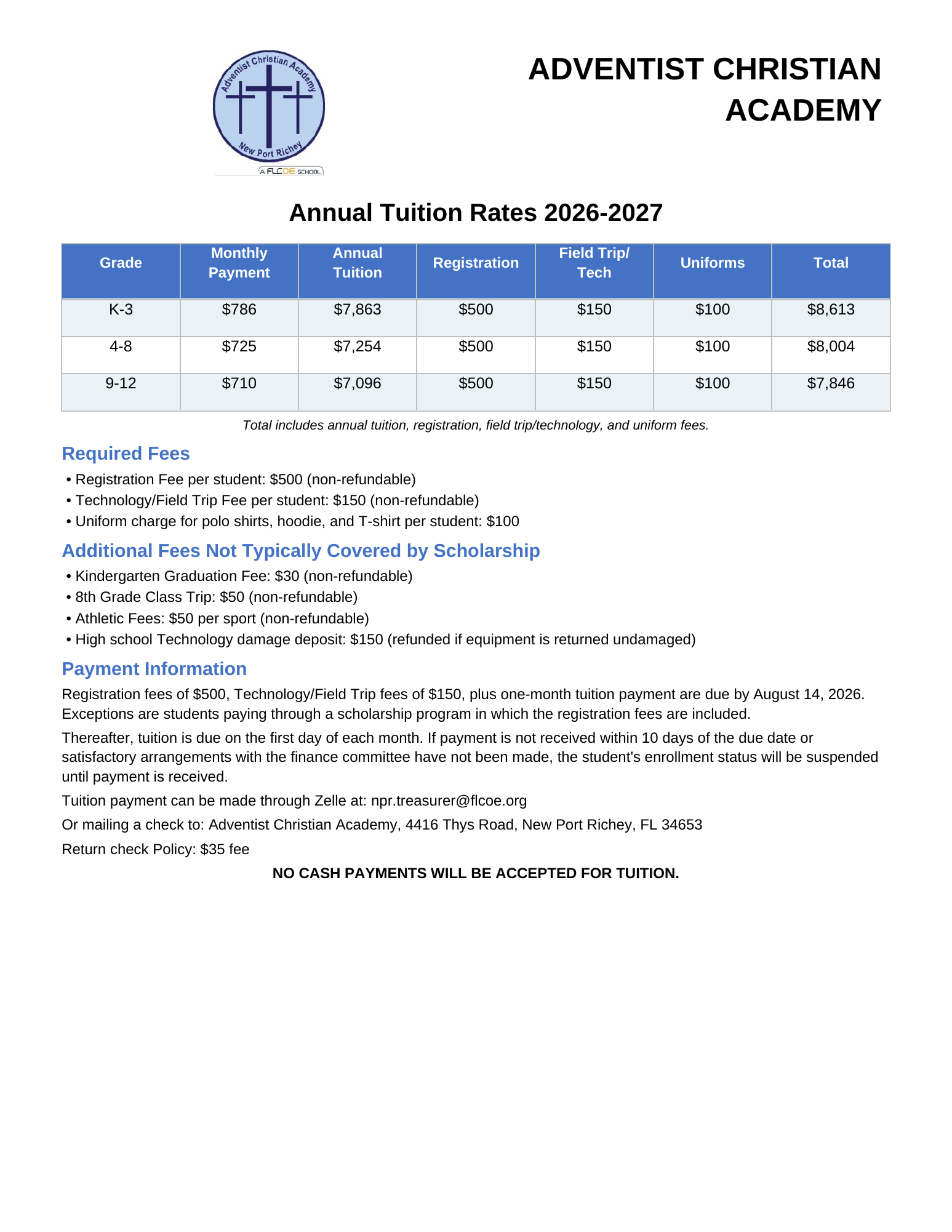 Adventist Christian Academy tuition page with logo, heading 'Annual Tuition Rates 2026-2027', and a table of fees by grade (K-3, 4-8, 9-12) showing totals.